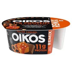 Oikos REMIX Salted Caramel 11g Protein Caramel Nonfat Greek Yogurt with Sea Salt Praline Pretzels, Dark Chocolate and Butter Toffee Mix-Ins, 4.5 OZ Cup