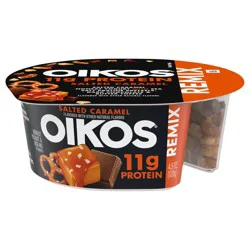 Oikos REMIX Salted Caramel 11g Protein Caramel Nonfat Greek Yogurt with Sea Salt Praline Pretzels, Dark Chocolate and Butter Toffee Mix-Ins, 4.5 OZ Cup