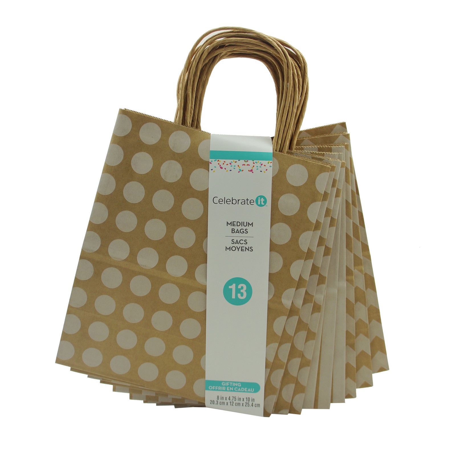 slide 2 of 5, 10" Kraft Dots & Chevron Paper Bag Value Pack By Celebrate It, 8 in x 4.75 in x 10 in