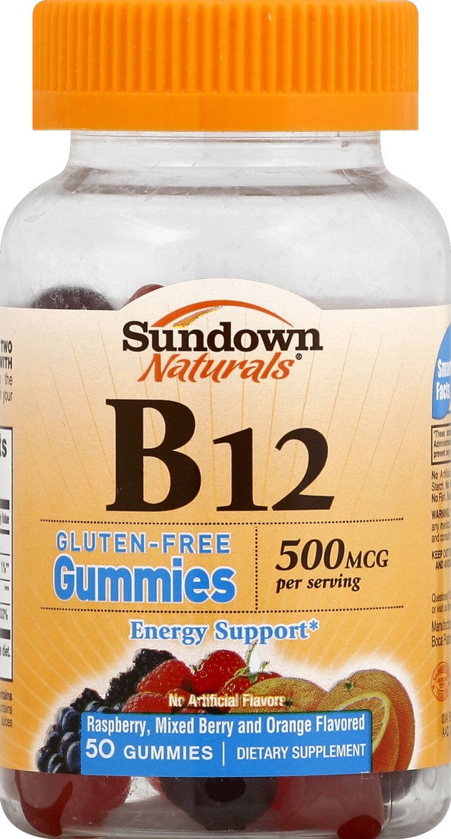 slide 2 of 2, Sundown Naturals Vitamin B12, 500 mcg, Raspberry, Mixed Berry and Orange Flavored, Gluten-Free Gummies, 50 ct