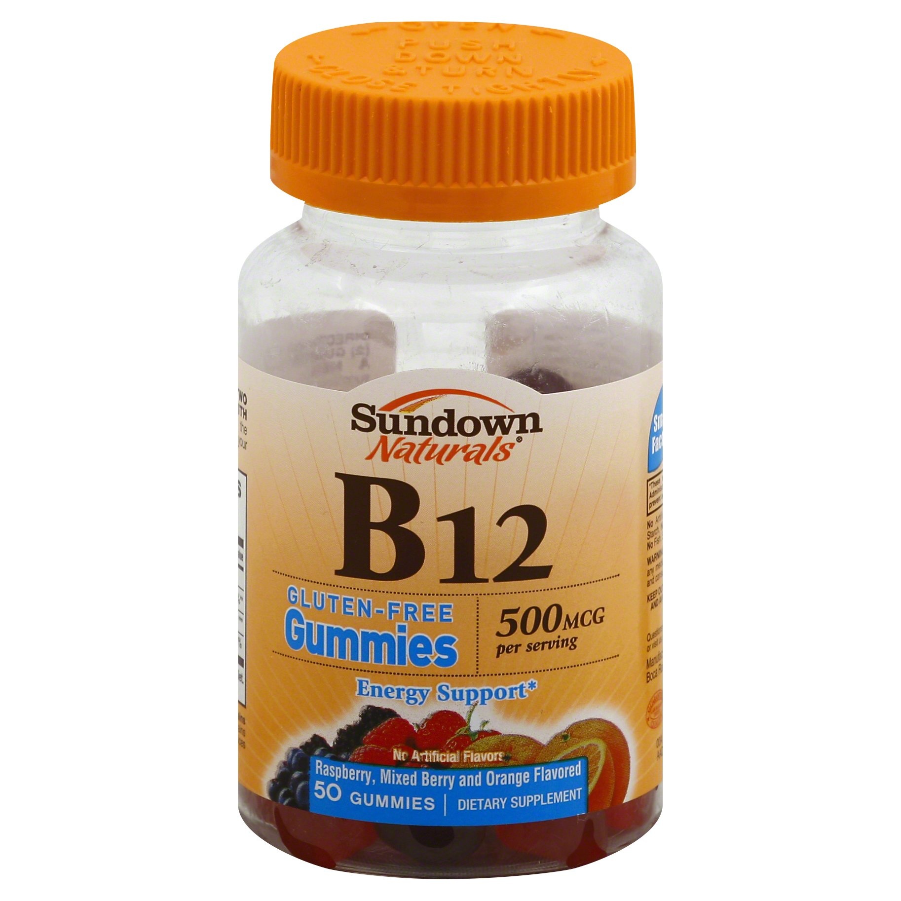 slide 1 of 2, Sundown Naturals Vitamin B12, 500 mcg, Raspberry, Mixed Berry and Orange Flavored, Gluten-Free Gummies, 50 ct