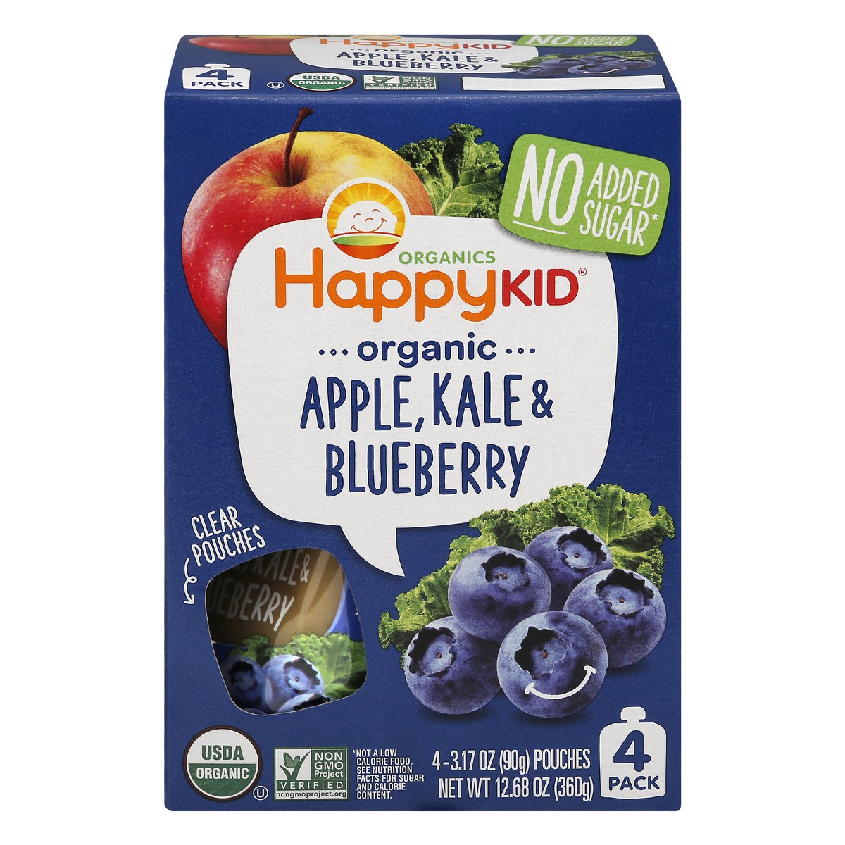 slide 1 of 12, Happy Kid 4 Pack Organic Apple, Kale & Blueberry 4 ea, 4 ct