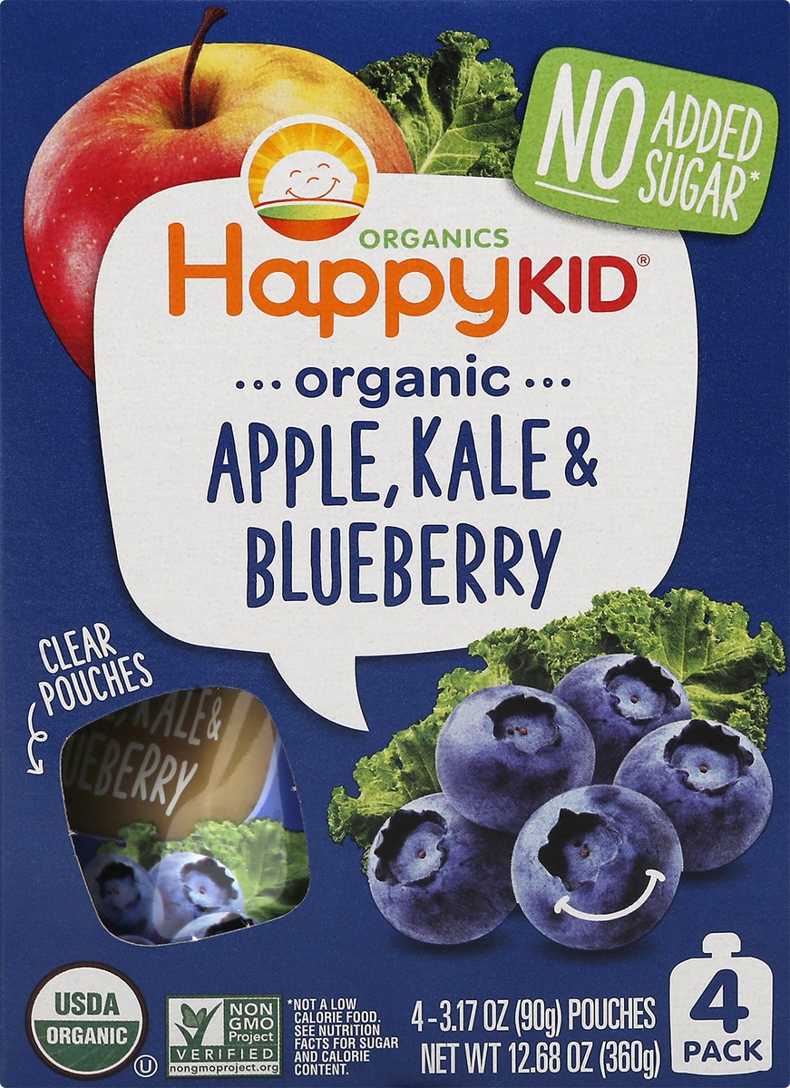 slide 1 of 12, Happy Kid 4 Pack Organic Apple, Kale & Blueberry 4 ea, 4 ct