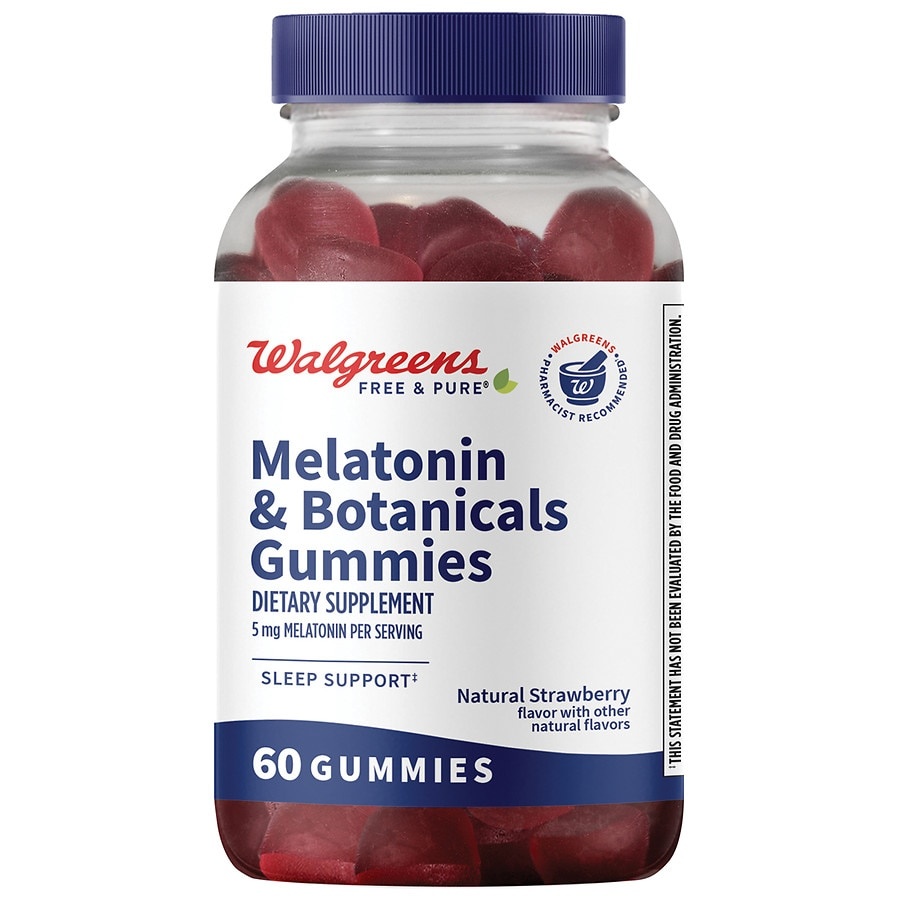 slide 1 of 1, Walgreens Free & Pure Melatonin & Botanicals Gummies Natural Strawberry, 60 ct