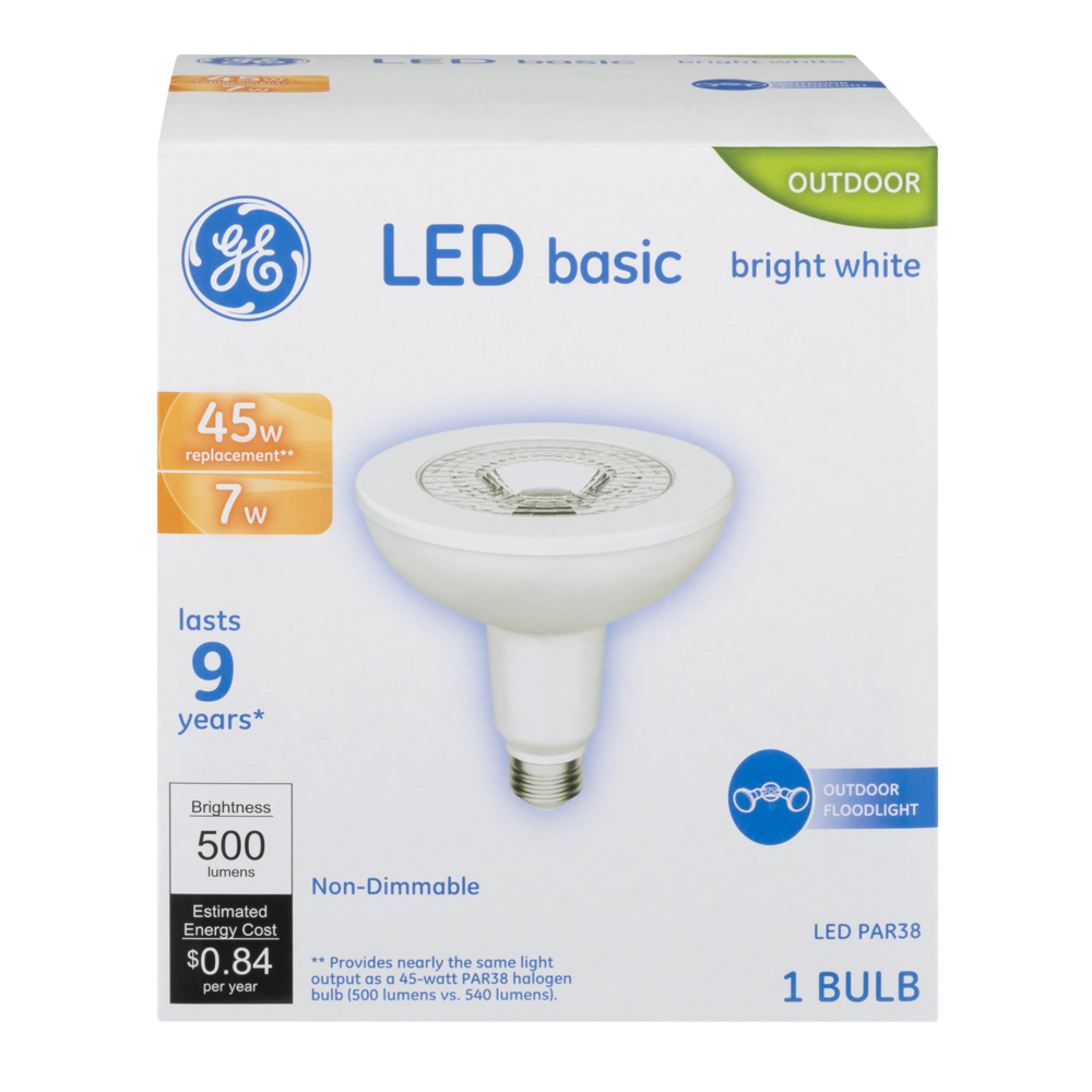 slide 1 of 1, GE LED Basic 7-Watt (45-Watt) Bright White Outdoor Floodlight Light Bulb, 1 ct