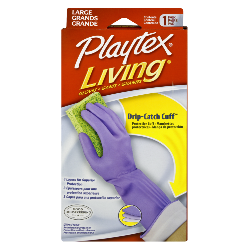 slide 1 of 1, Playtex Living Gloves with Drip-Catch Cuff - Large, 1 pair