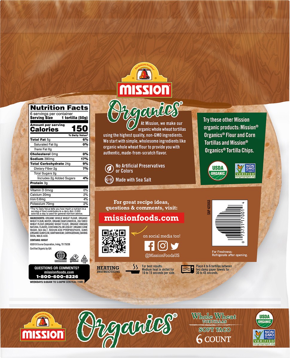 slide 6 of 6, Mission Organics Soft Taco Whole Wheat Organic Tortillas 6.0 ea, 6 ct