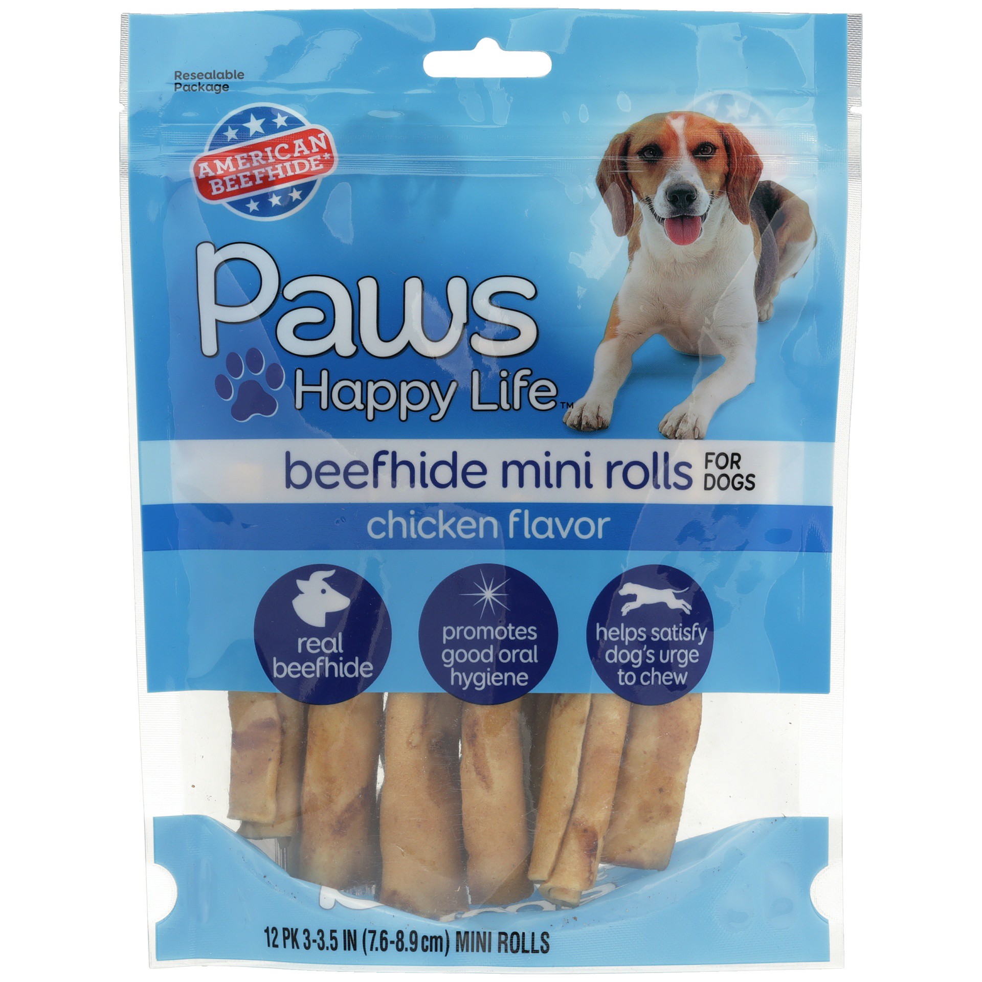 slide 1 of 6, Paws Happy Life Chicken Flavor Beefhide Mini Rolls For Dogs, 12 ct; 3 in