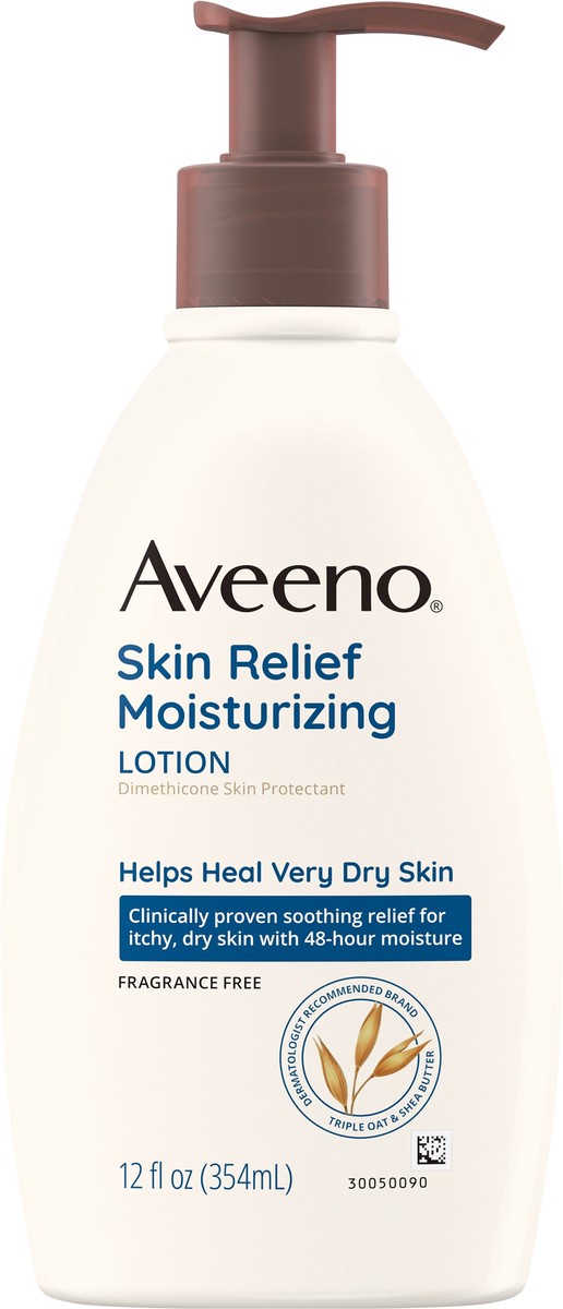 slide 5 of 7, Aveeno Skin Relief Moisturizing Lotion for Very Dry Skin with Soothing Triple Oat & Shea Butter Formula, Dimethicone Skin Protectant Helps Heal Itchy, Dry Skin, Fragrance-Free, 12 fl. oz, 12 fl oz