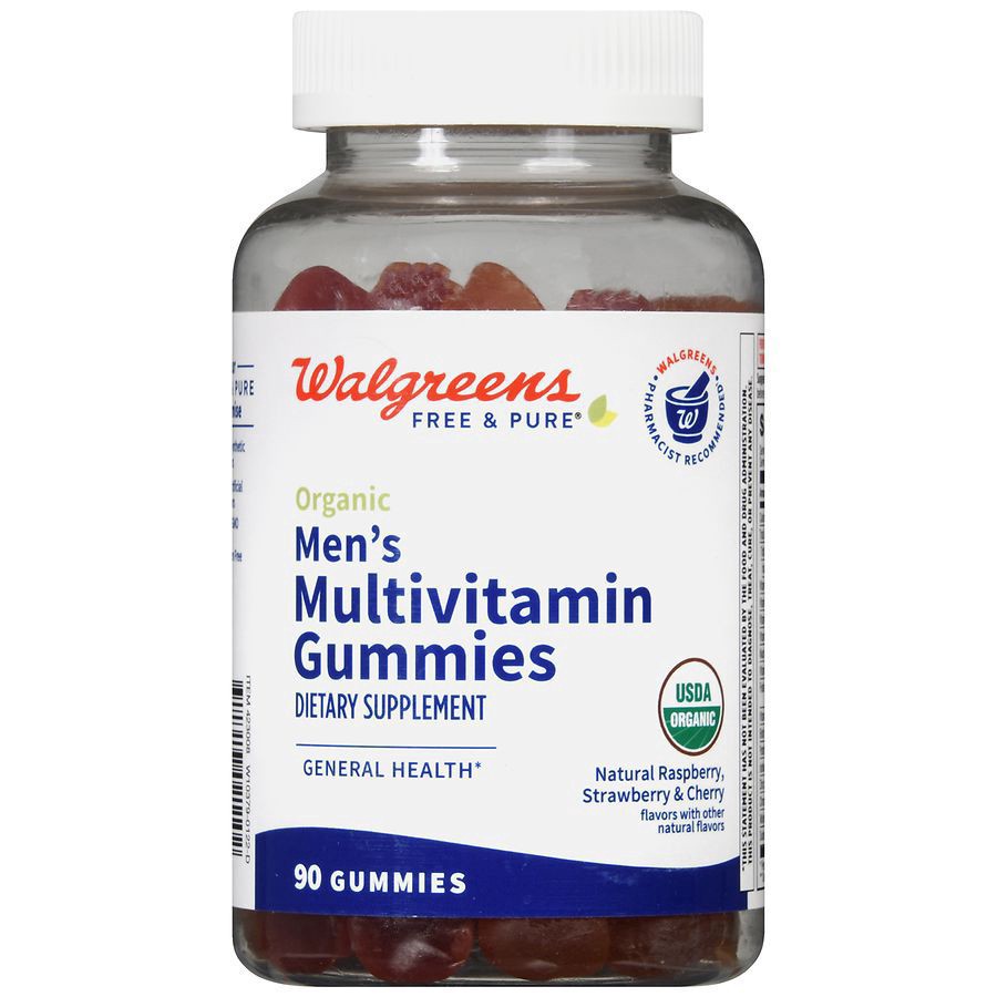slide 3 of 5, Walgreens Free & Pure Organic Men's Multivitamin Gummies Natural Raspberry, Strawberry & Cherry, 90 ct