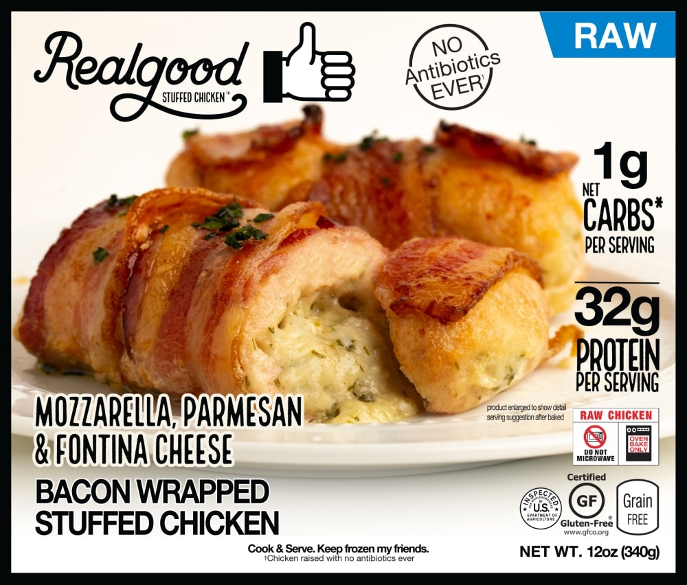 slide 1 of 1, Realgood Raw Bacon Wrapped Stuffed Chicken Three Cheese, 12 oz
