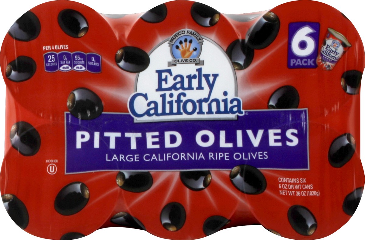 slide 2 of 4, Early California Large Pitted Ripe 6 Pack Olives Large 6 - 6 oz Cans, 6 ct