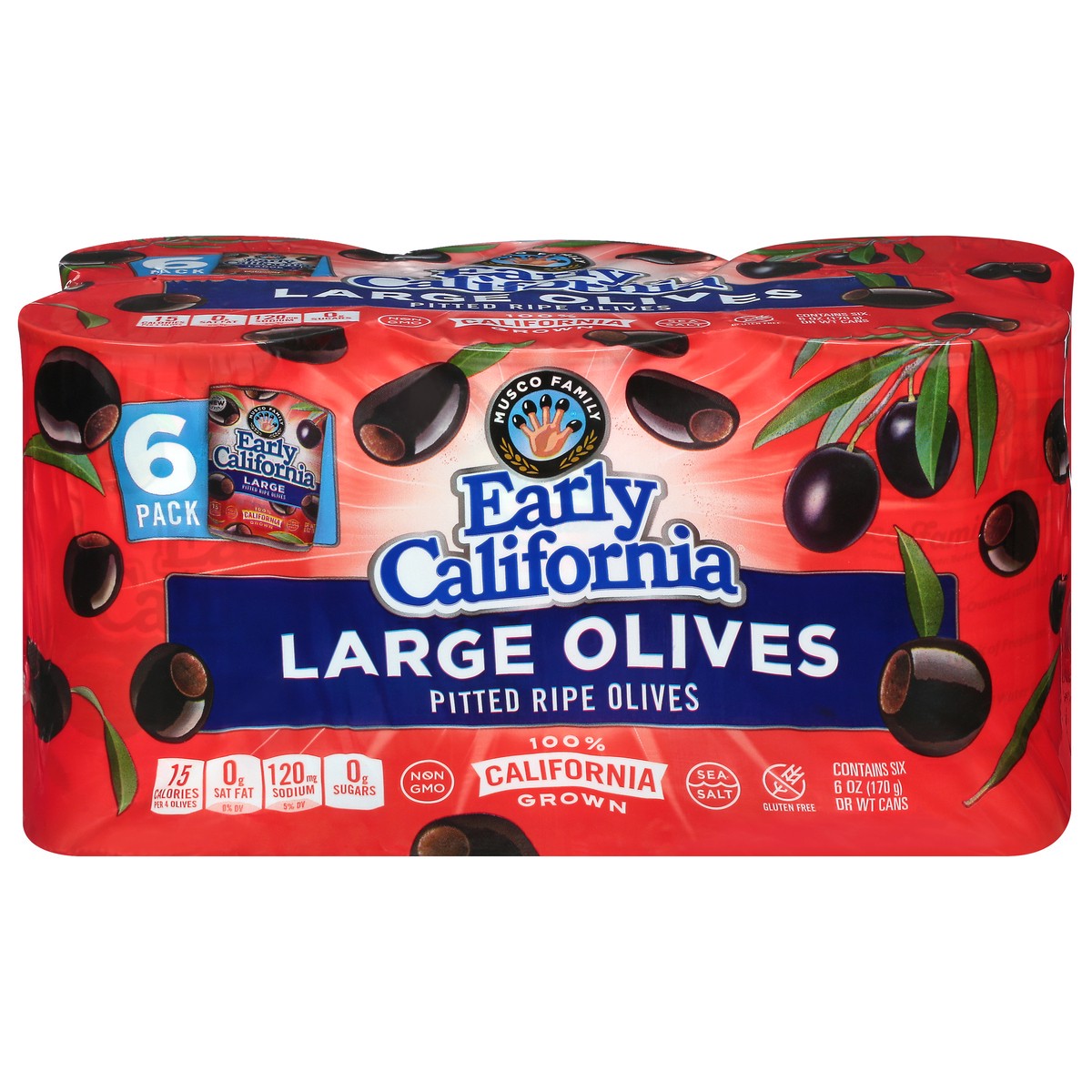slide 1 of 4, Early California Large Pitted Ripe 6 Pack Olives Large 6 - 6 oz Cans, 6 ct