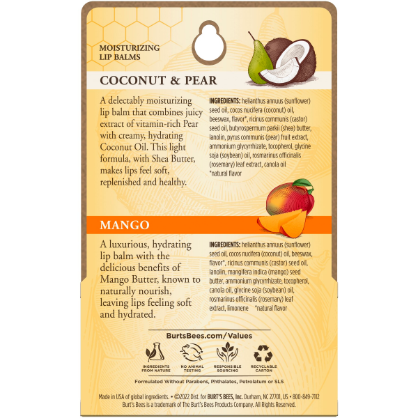 slide 14 of 22, Burt's Bees Moisturizing Coconut & Pear/Mango Lip Balms Combo Pack 2 ea, 2 ct