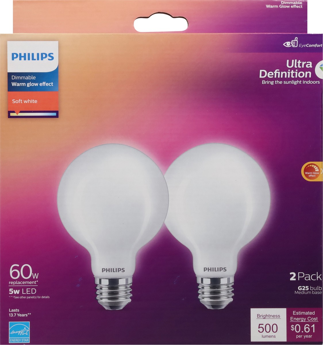 slide 3 of 9, Philips 5W Soft White Warm Glow Effect Dimmable LED Light Bulbs 2 ea, 2 ct