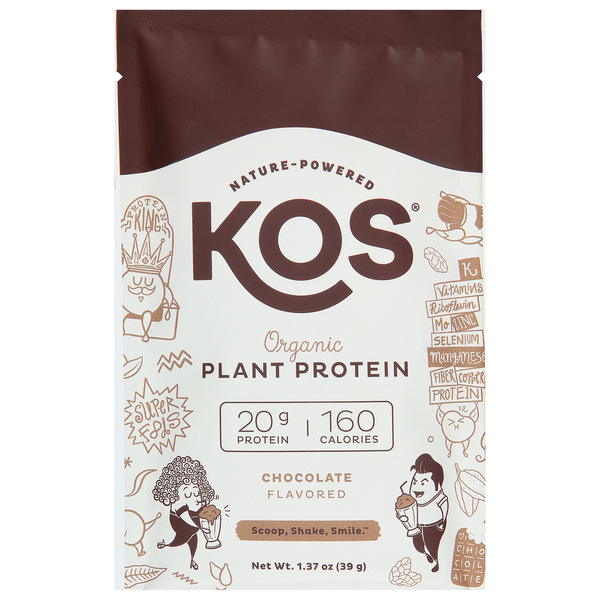slide 1 of 1, KOS Organic Chocolate 20g Plant Protein Powder Single Serve, 1.37 oz