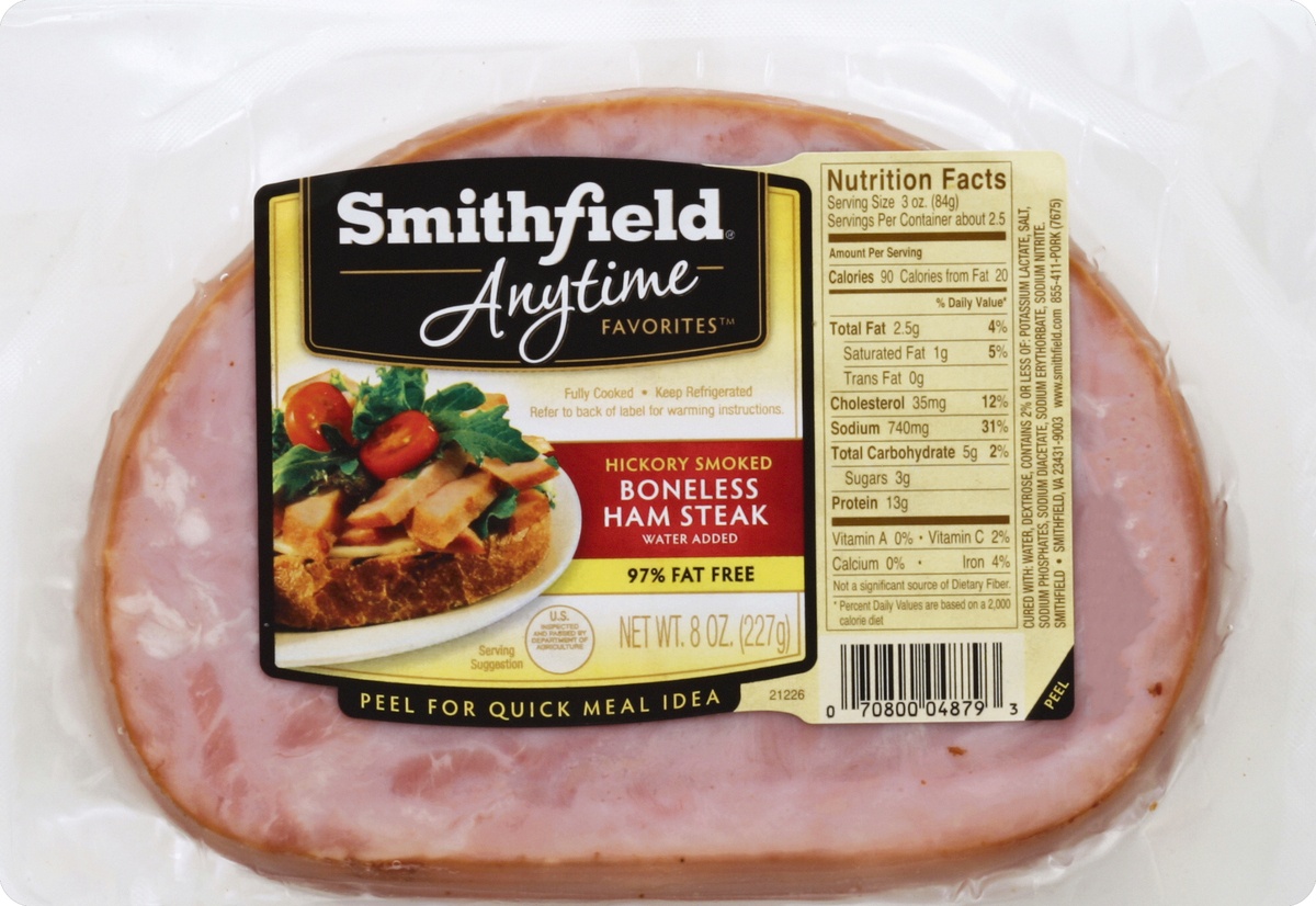 slide 4 of 5, Smithfield Anytime Favorites Hickory Smoked Boneless Ham Steak, 8 oz