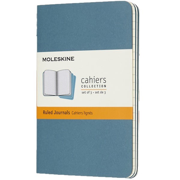slide 1 of 5, Moleskine Cahier Journals, 3-1/2" X 5-1/2", Ruled, 64 Pages (32 Sheets), Brisk Blue, Set Of 3 Journals, 32 ct