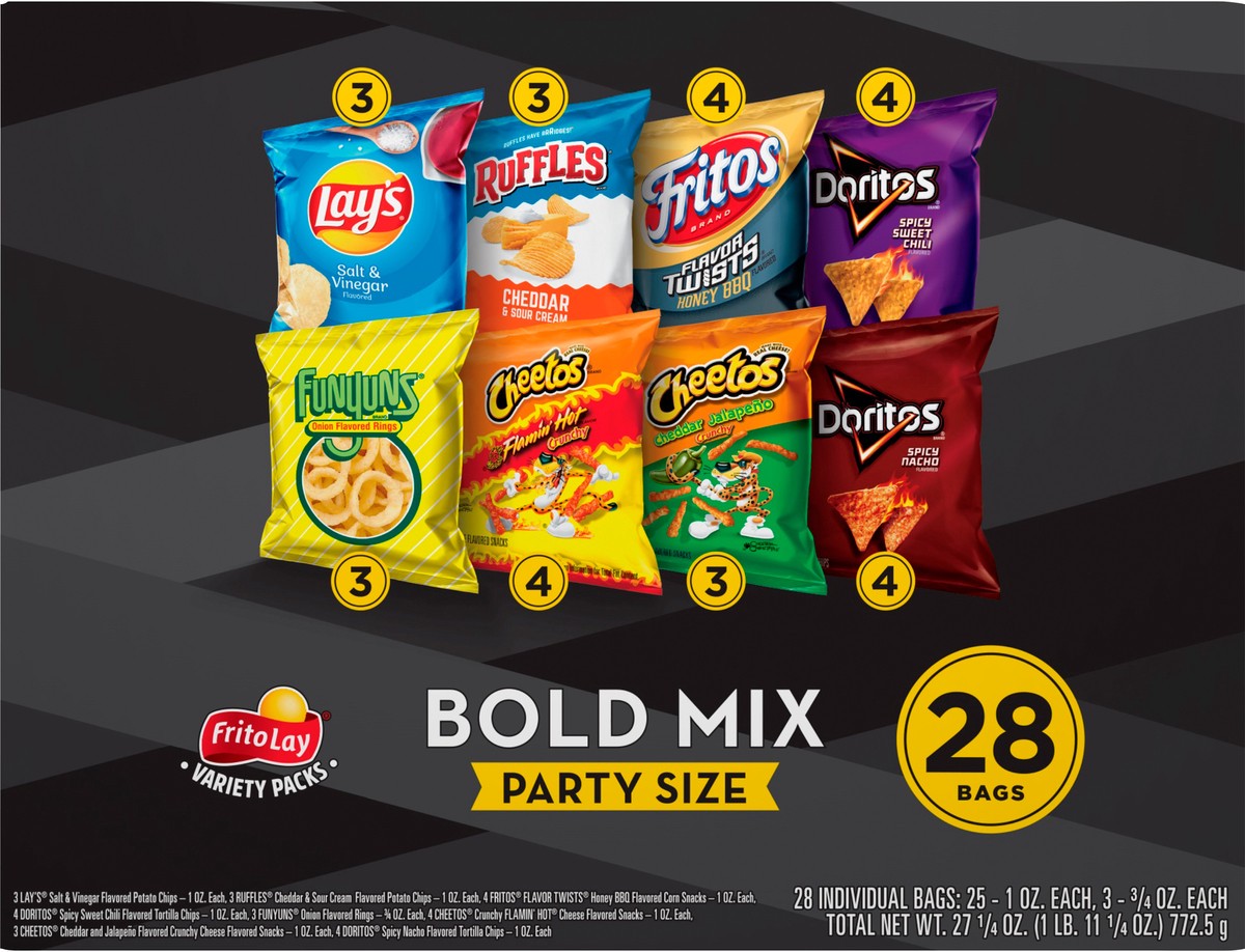 slide 1 of 11, Frito-Lay Variety Packs Party Size Bold Mix Snacks 28 ea Box, 28 ct