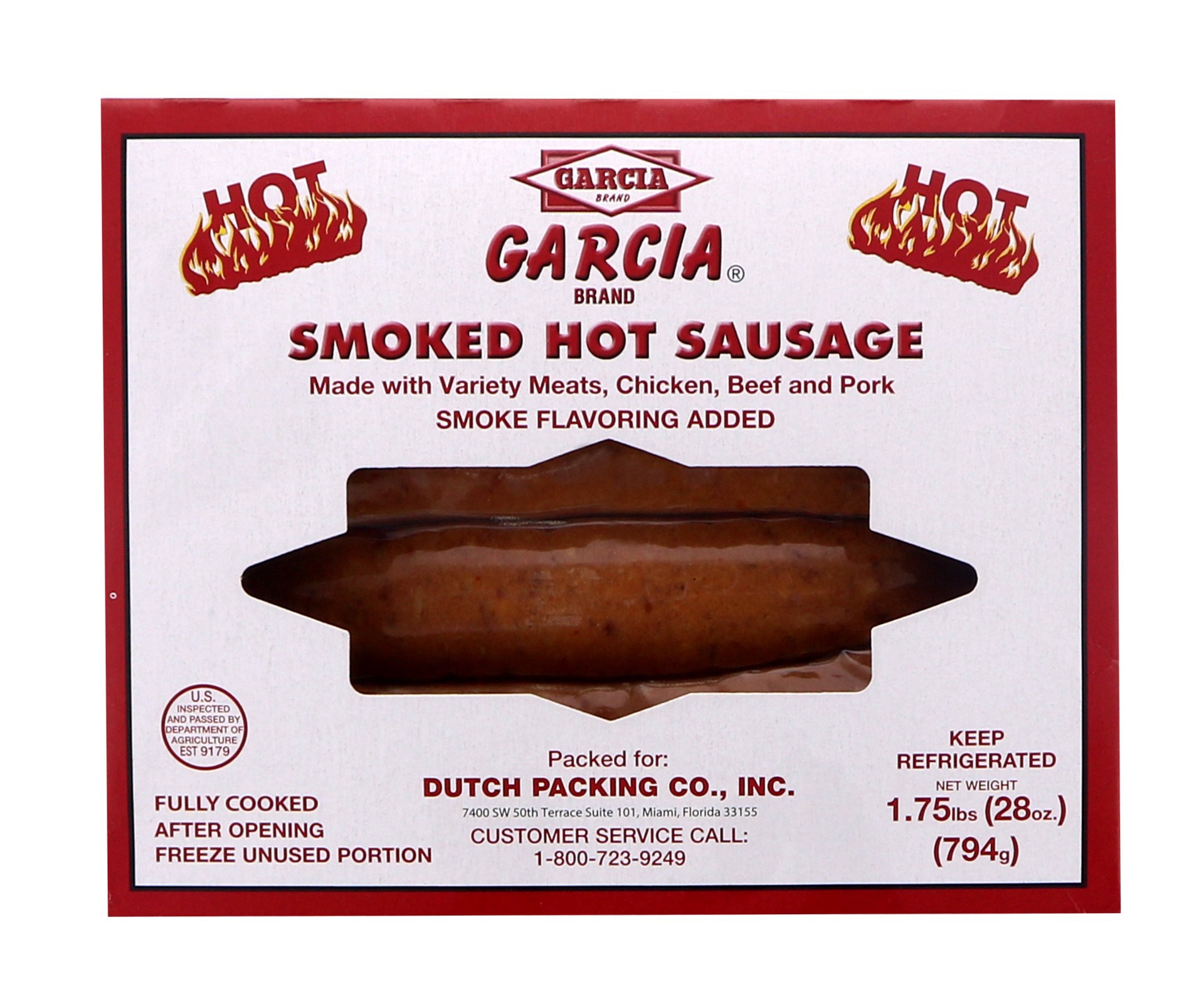 slide 1 of 1, Garcia Hot Smoked Sausage, 28 oz