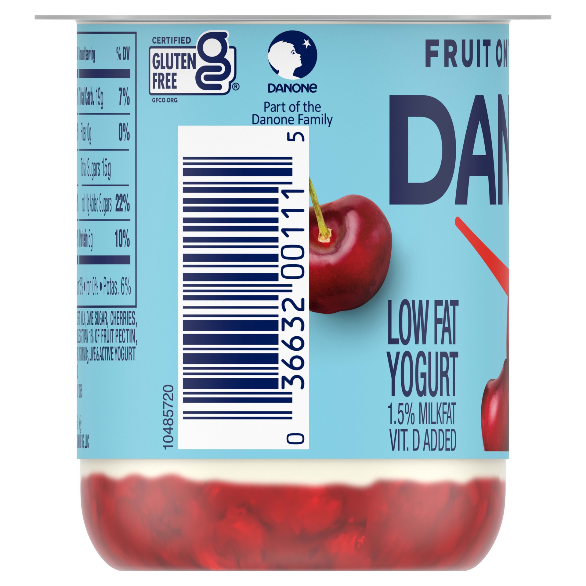 slide 3 of 5, Dannon Fruit on the Bottom Cherry Low Fat Yogurt, Gluten Free Snacks with Real Cherry Pieces, Good Source of Calcium and Vitamin D, 5.3 OZ Yogurt Container, 5.3 oz