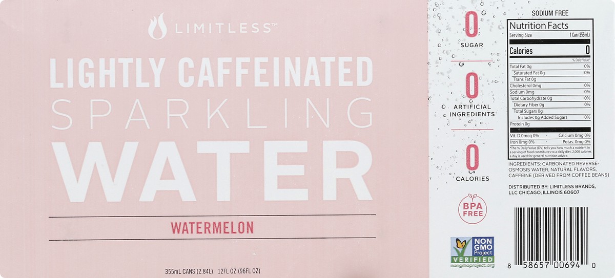 slide 5 of 10, LIMITLESS Refresh Lightly Caffeinated Sparkling Water, Watermelon- 8 ct, 8 ct