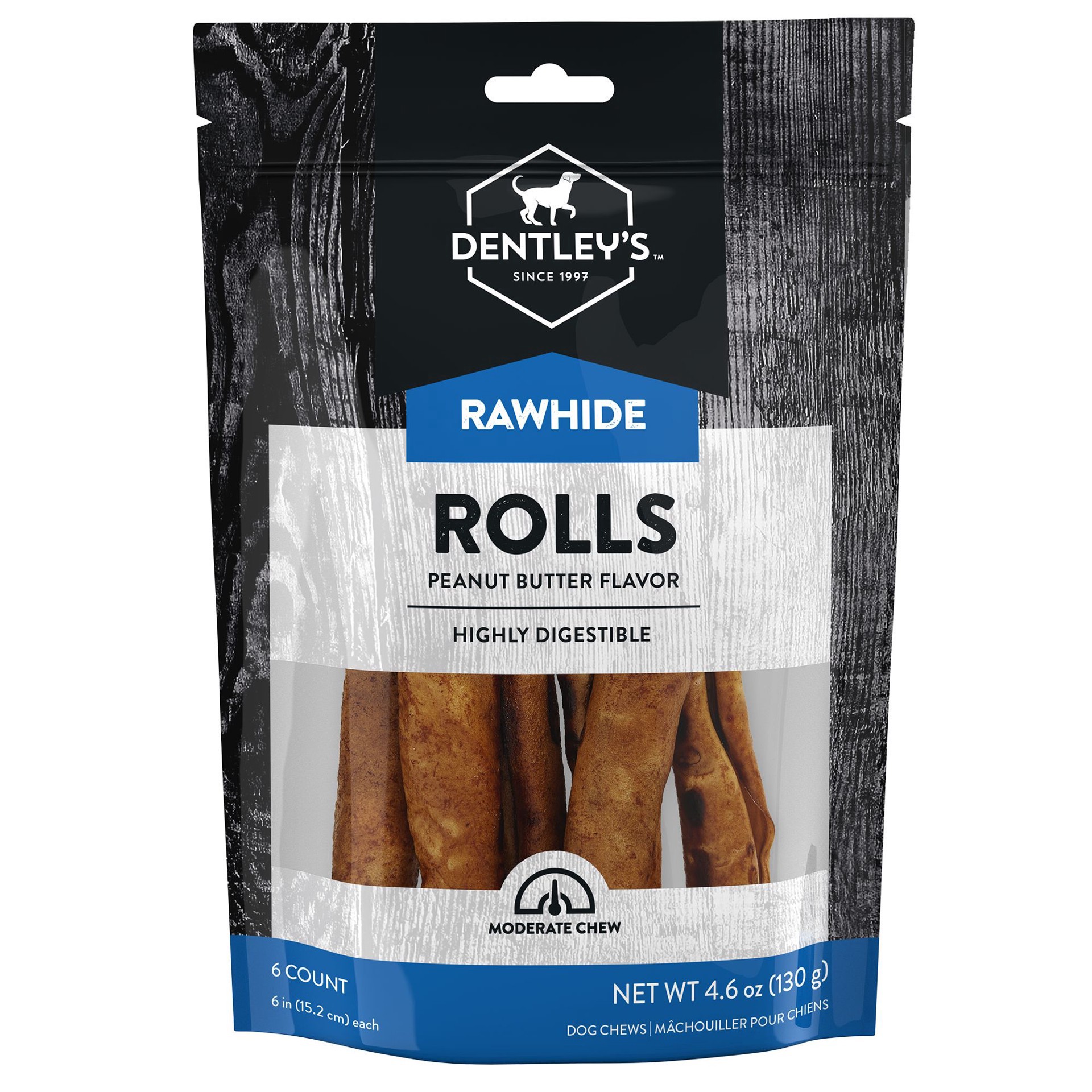slide 1 of 1, Dentley's Rawhide Peanut Butter Flavor Rolls 6 Count 4.6 OZ, 6 ct