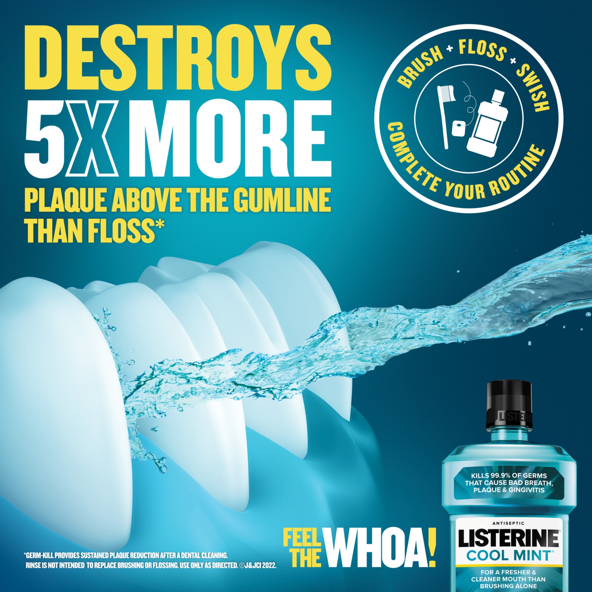 slide 6 of 7, Listerine Cool Mint Antiseptic Oral Care Mouthwash to Kill 99% of Germs that Cause Bad Breath, Plaque and Gingivitis, ADA-Accepted Mouthwash, Cool Mint Flavored Oral Rinse, 1 liter