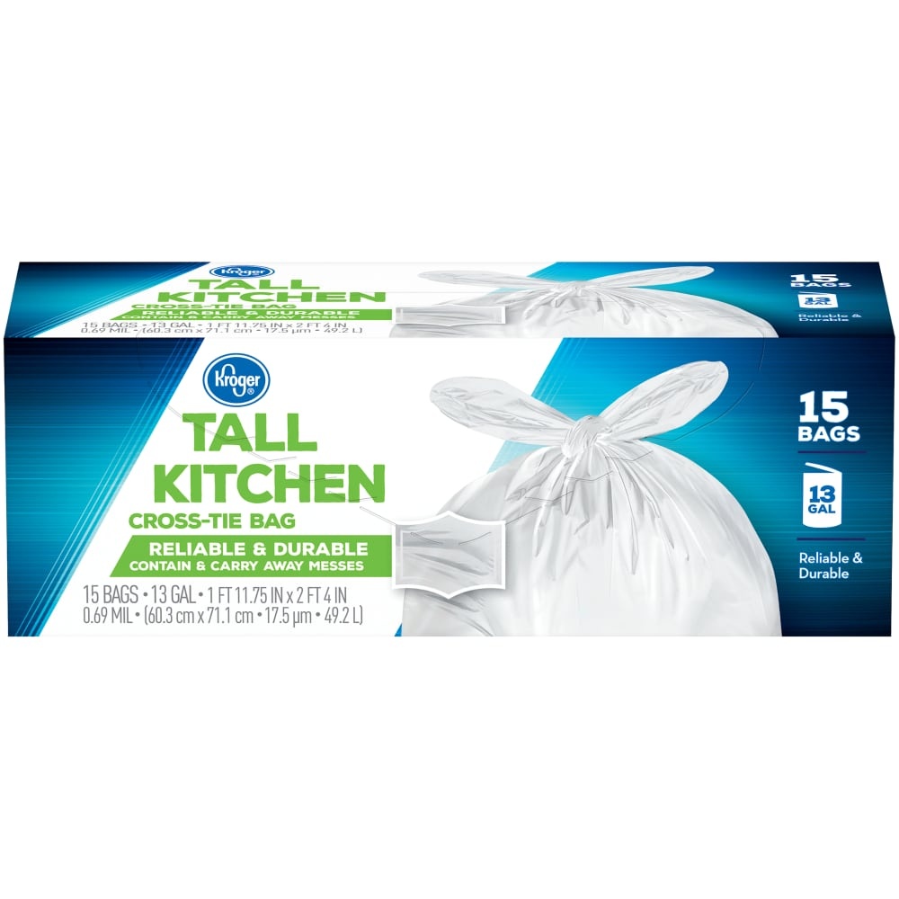 slide 1 of 1, Kroger Tall Kitchen Cross Tie Bags, 15 ct