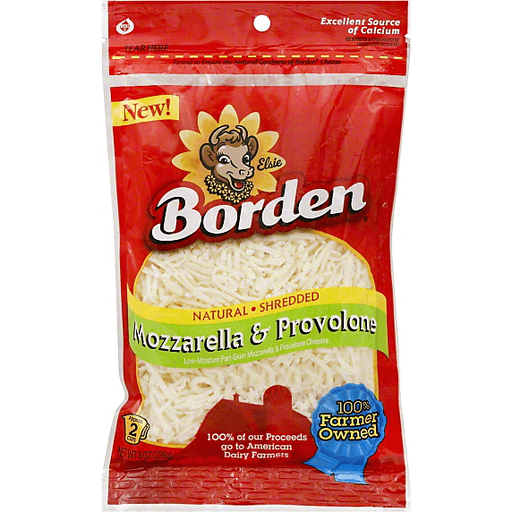 slide 1 of 1, Borden Cheese, Shredded, Mozzarella & Provolone, 8 oz
