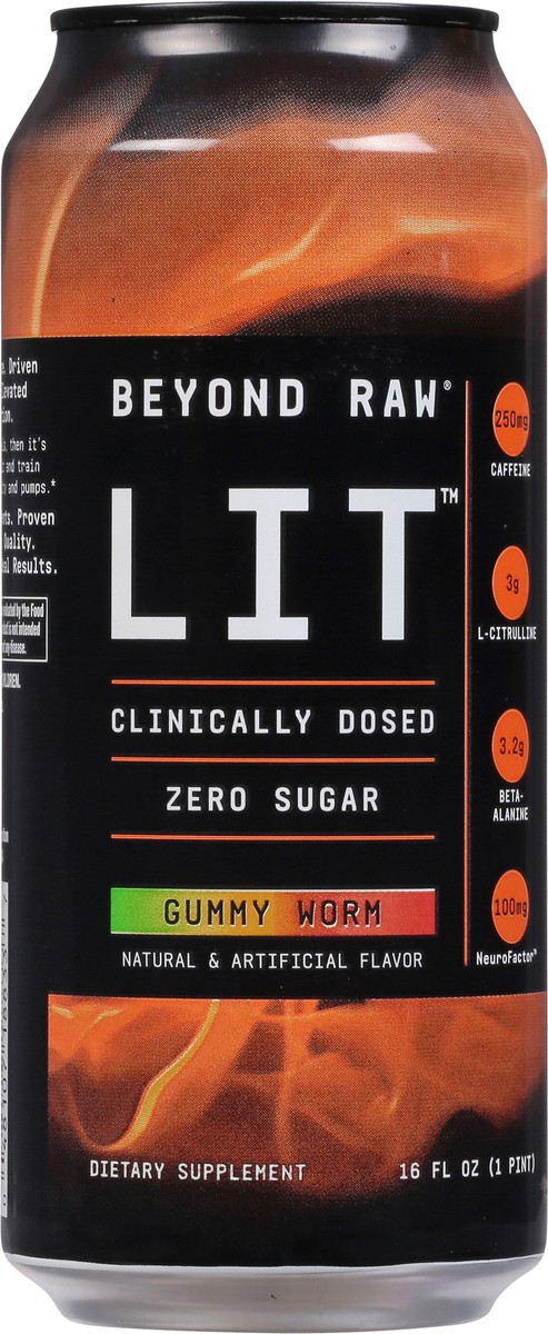 slide 4 of 9, Beyond Raw LIT Zero Sugar Gummy Worm Energy Drink 16 fl oz, 16 fl oz