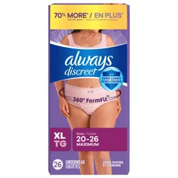 Always Discreet Adult Incontinence Underwear for Women and Postpartum Underwear, XL, Up to 100% Bladder Leak Protection, 26 CT