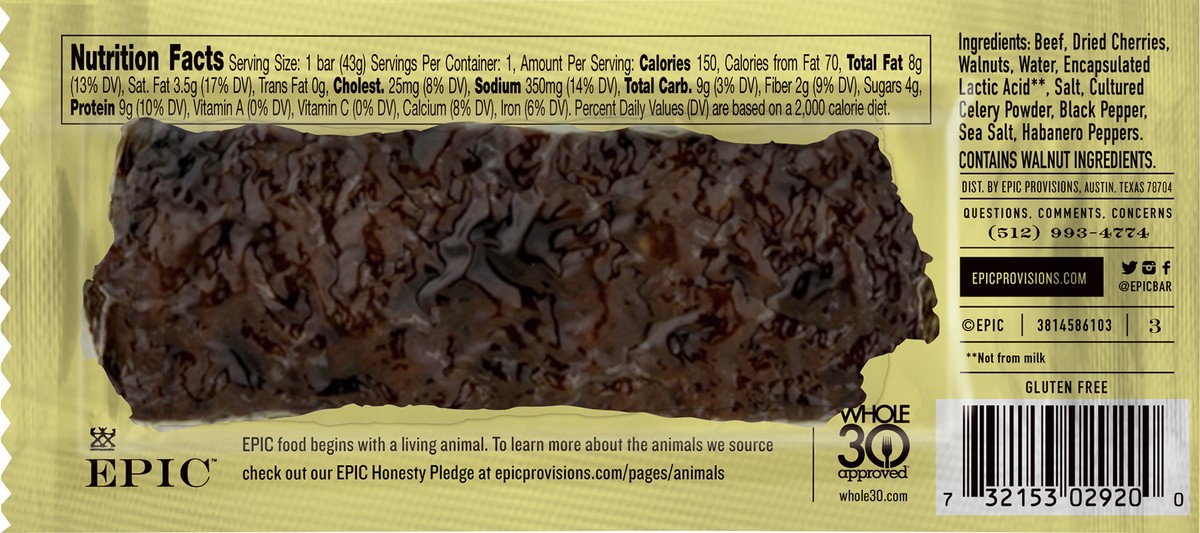 slide 11 of 12, EPIC Beef Habanero Cherry Walnut Protein Bar, Grass-Fed, Whole30, 1.5oz, 1 ct