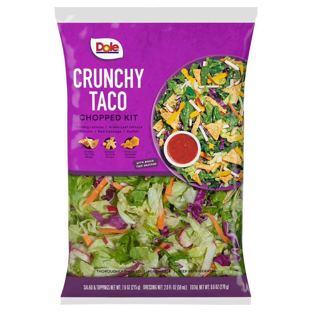 slide 1 of 8, Dole Crunchy Taco Chopped Salad Kit with Birria Taco Dressing, 9.6 oz