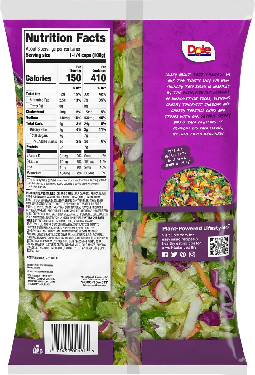 slide 6 of 8, Dole Crunchy Taco Chopped Salad Kit with Birria Taco Dressing, 9.6 oz