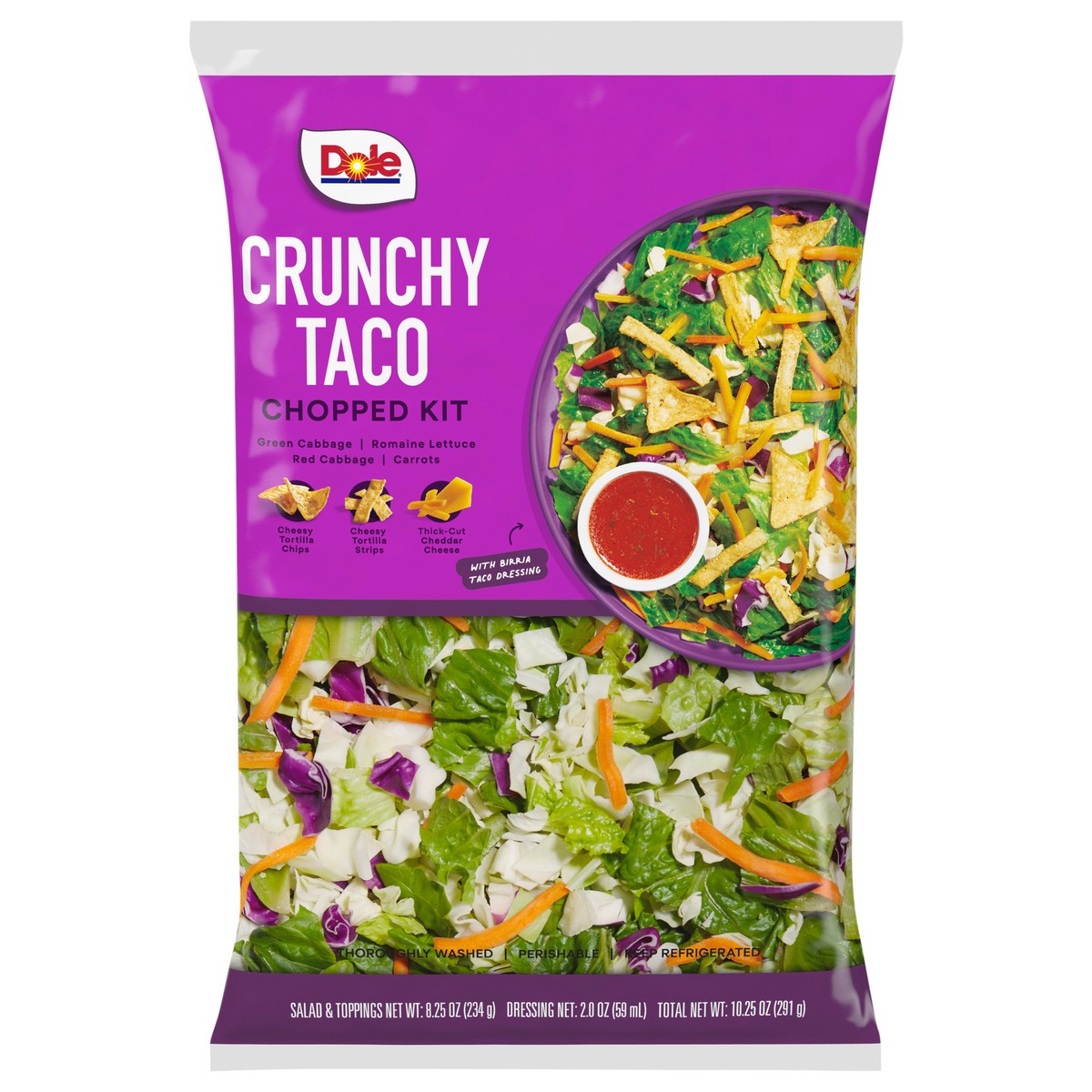 slide 1 of 8, Dole Crunchy Taco Chopped Salad Kit with Birria Taco Dressing, 10.25 oz