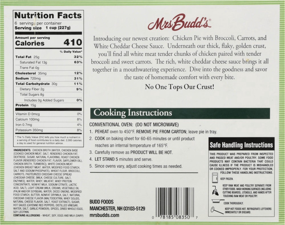 slide 2 of 2, Mrs Budd's® Broccoli White Cheddar and Chicken Pie with Sweet Carrots, 48 oz