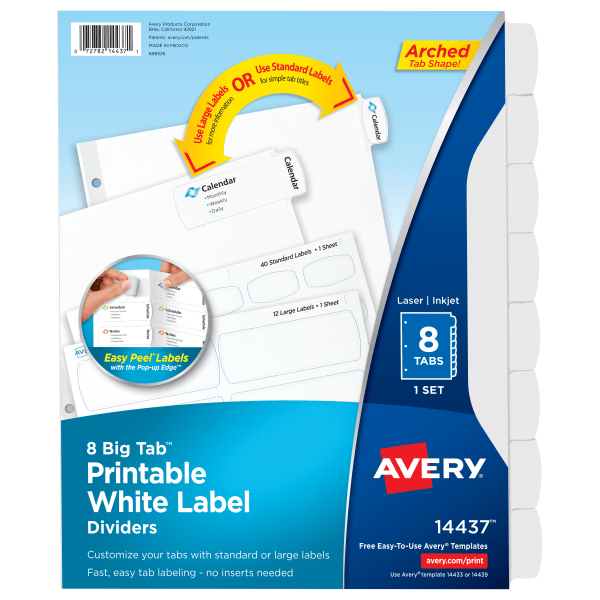 slide 1 of 2, Avery Big Tab Printable Label Dividers, Easy Peel, FSC Certified, White, 8-Tab, 8 1/2 in x 11 in