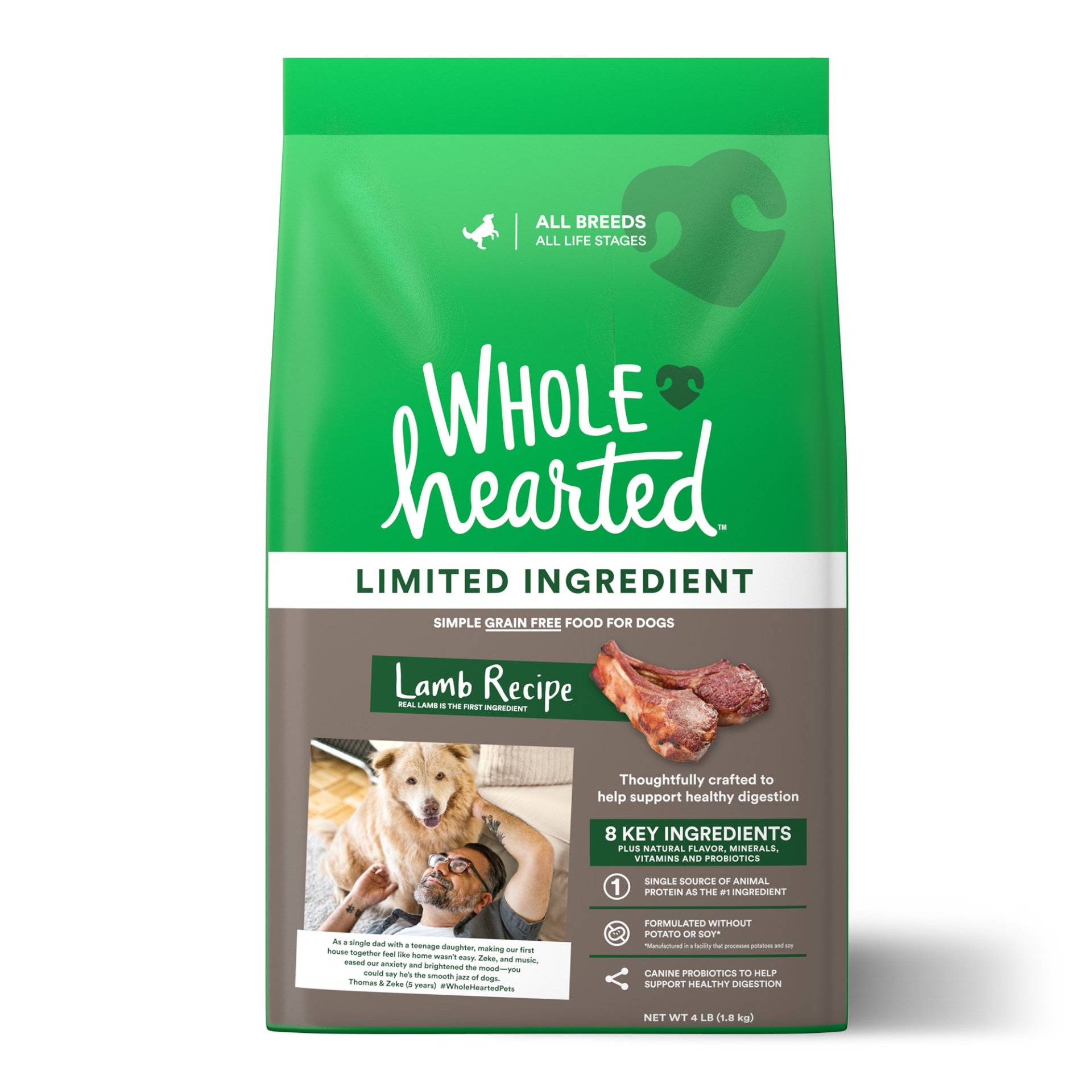 slide 1 of 1, WholeHearted Grain Free Limited Ingredient Lamb Recipe Dry Dog Food for All Life Stages and Breeds, 4 lb