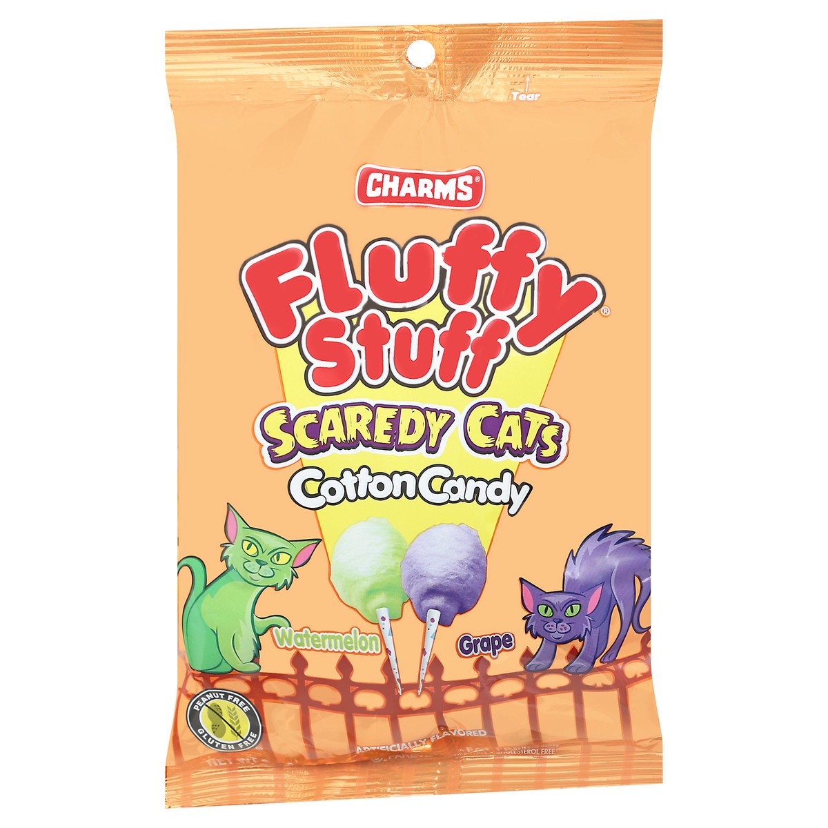 slide 2 of 9, Charms Fluffy Stuff Scaredy Cats Watermelon & Grape Cotton Candy, Halloween, 2.1 oz