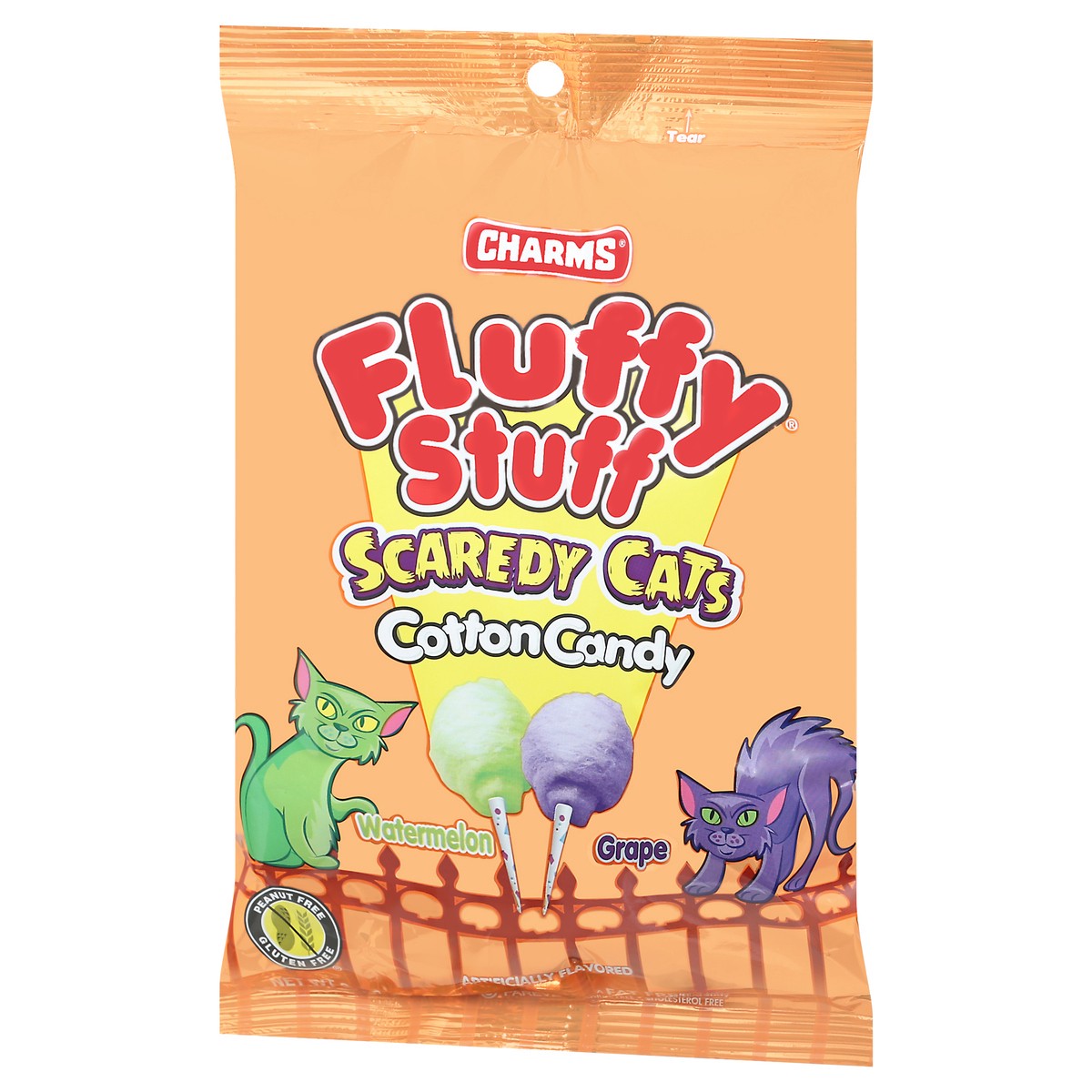 slide 3 of 9, Charms Fluffy Stuff Scaredy Cats Watermelon & Grape Cotton Candy, Halloween, 2.1 oz