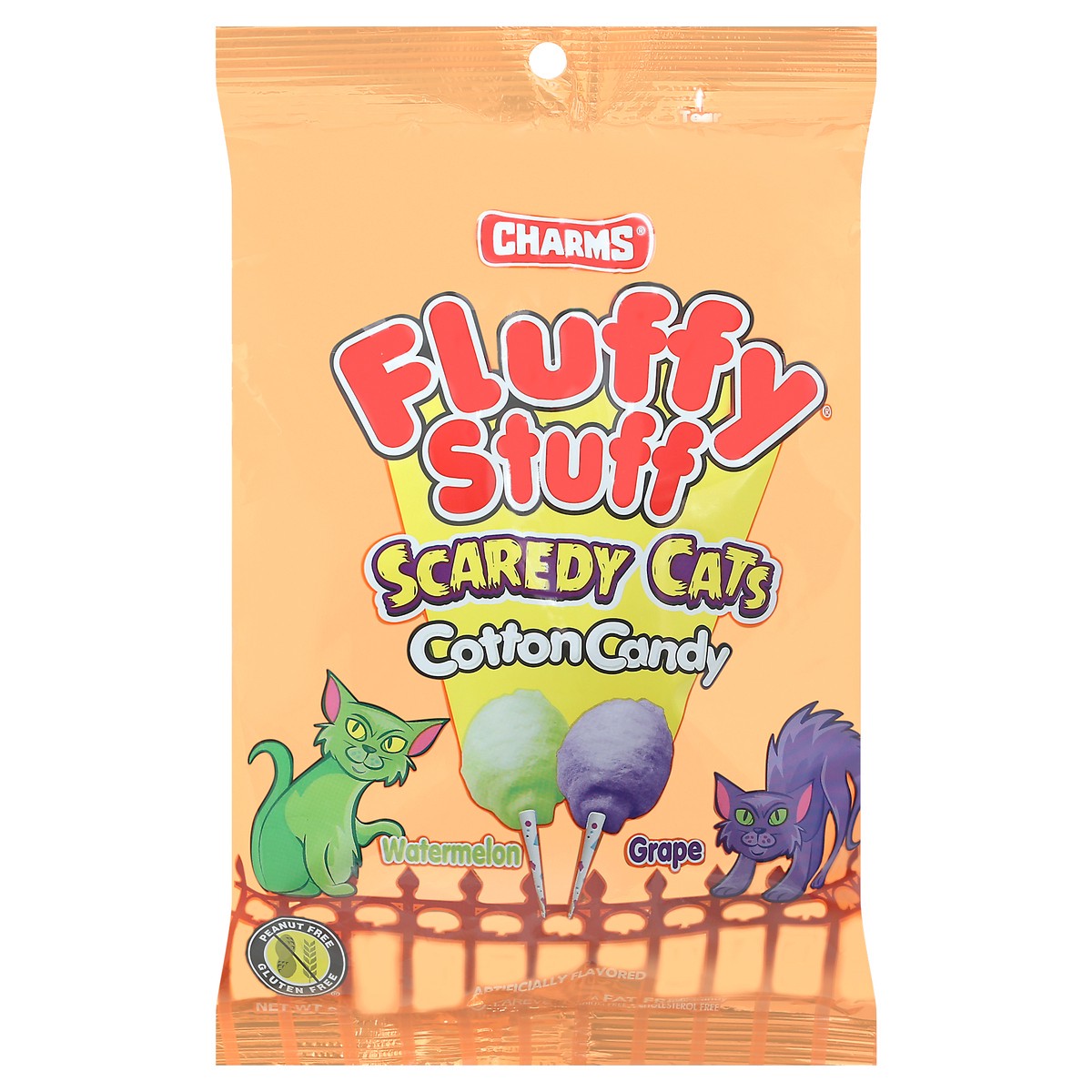 slide 1 of 9, Charms Fluffy Stuff Scaredy Cats Watermelon & Grape Cotton Candy, Halloween, 2.1 oz