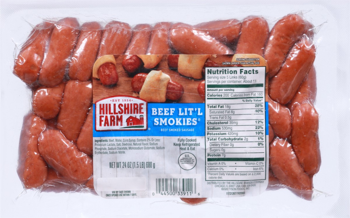 slide 7 of 11, Hillshire Farm Beef Lit'l Smokies Smoked Sausage, 24 oz., 680.39 g