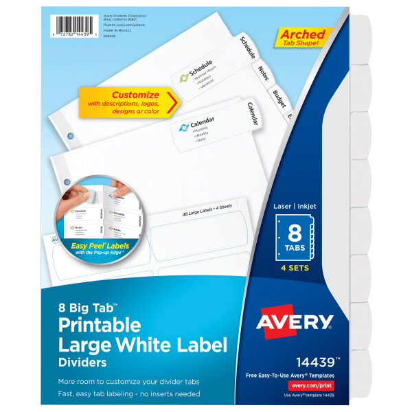 slide 1 of 10, Avery Big Tab Printable Large Label Dividers with Easy Peel, White, 8-Tab, 4 ct; 8 1/2 in x 11 in