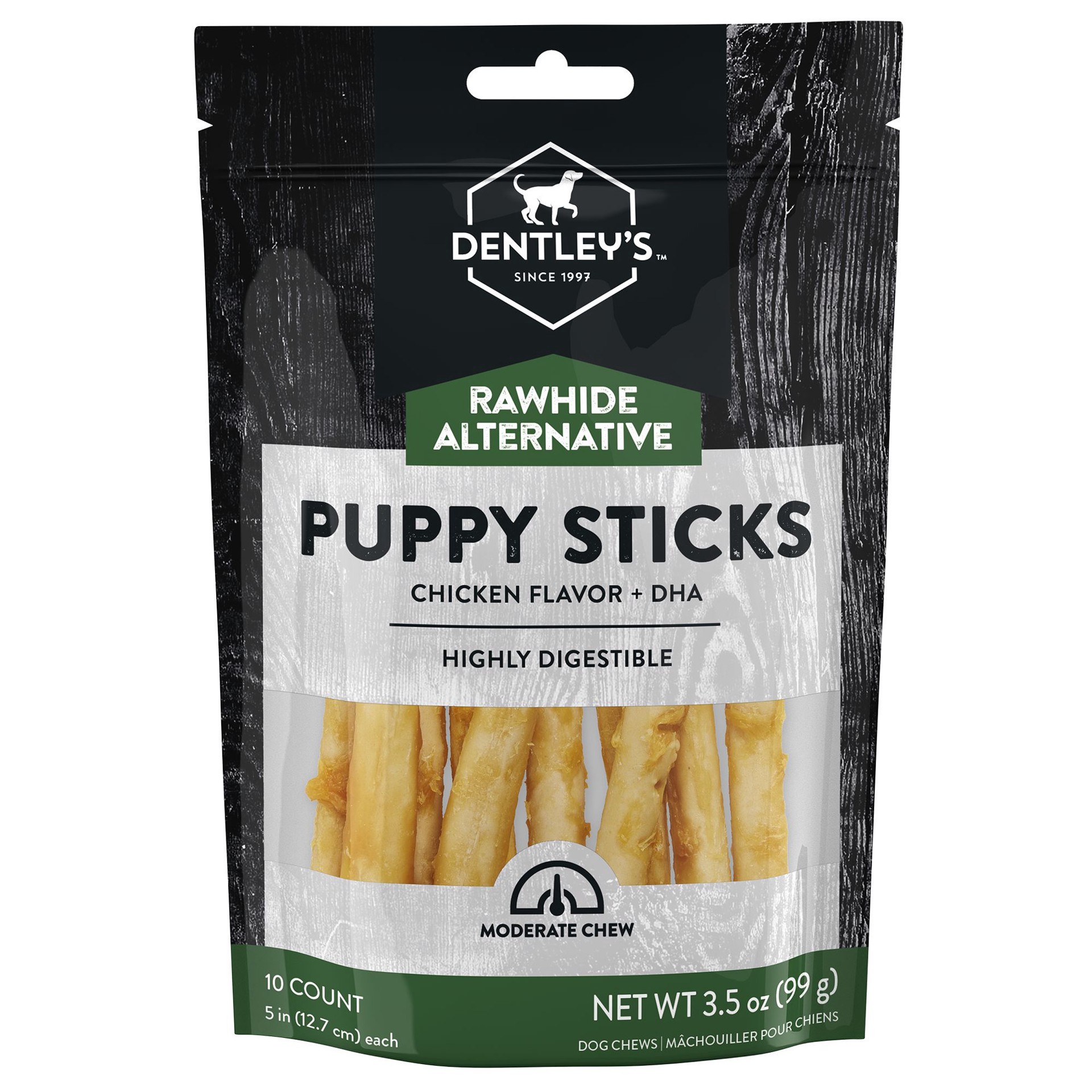 slide 1 of 1, Dentley's Rawhide Alternative Puppy Sticks Chicken 10 Count 3.5 OZ, 10 ct