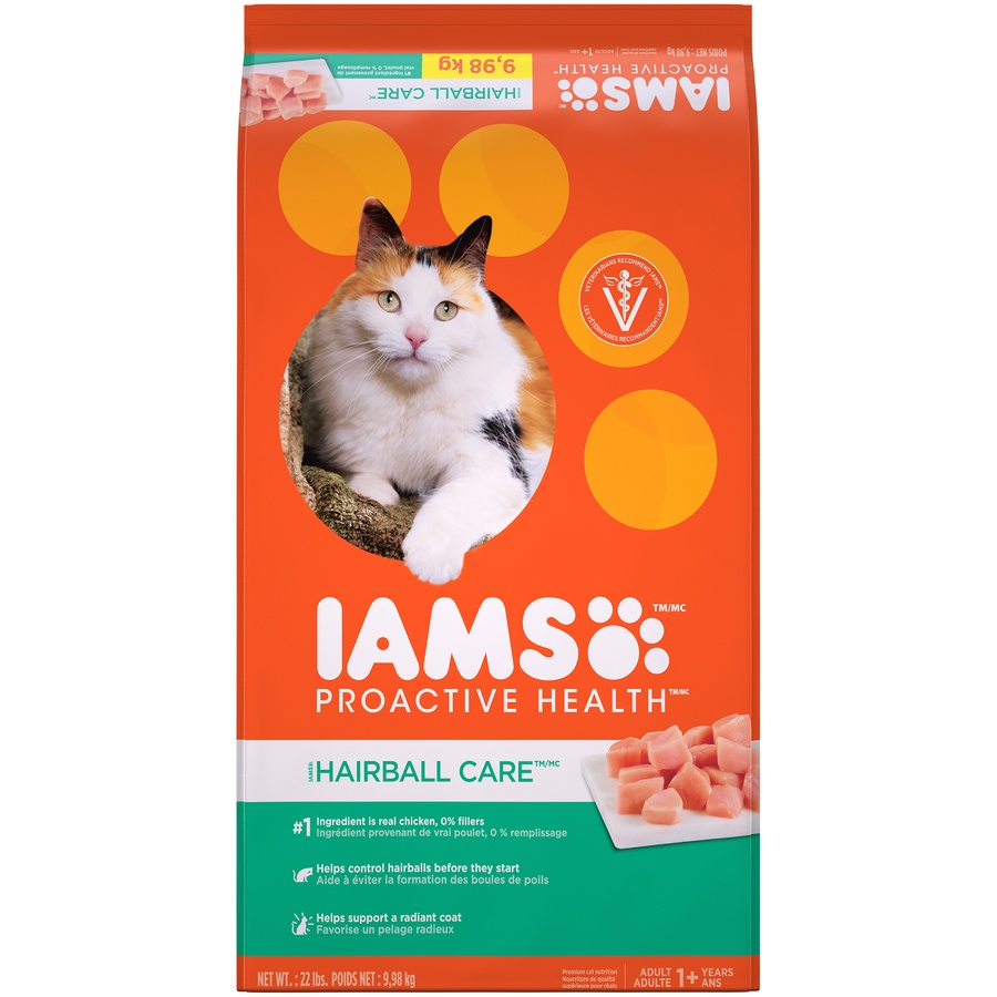 slide 1 of 1, IAMS Proactive Health Adult Hairball Care Dry Cat Food with Chicken and Salmon, 22 lb