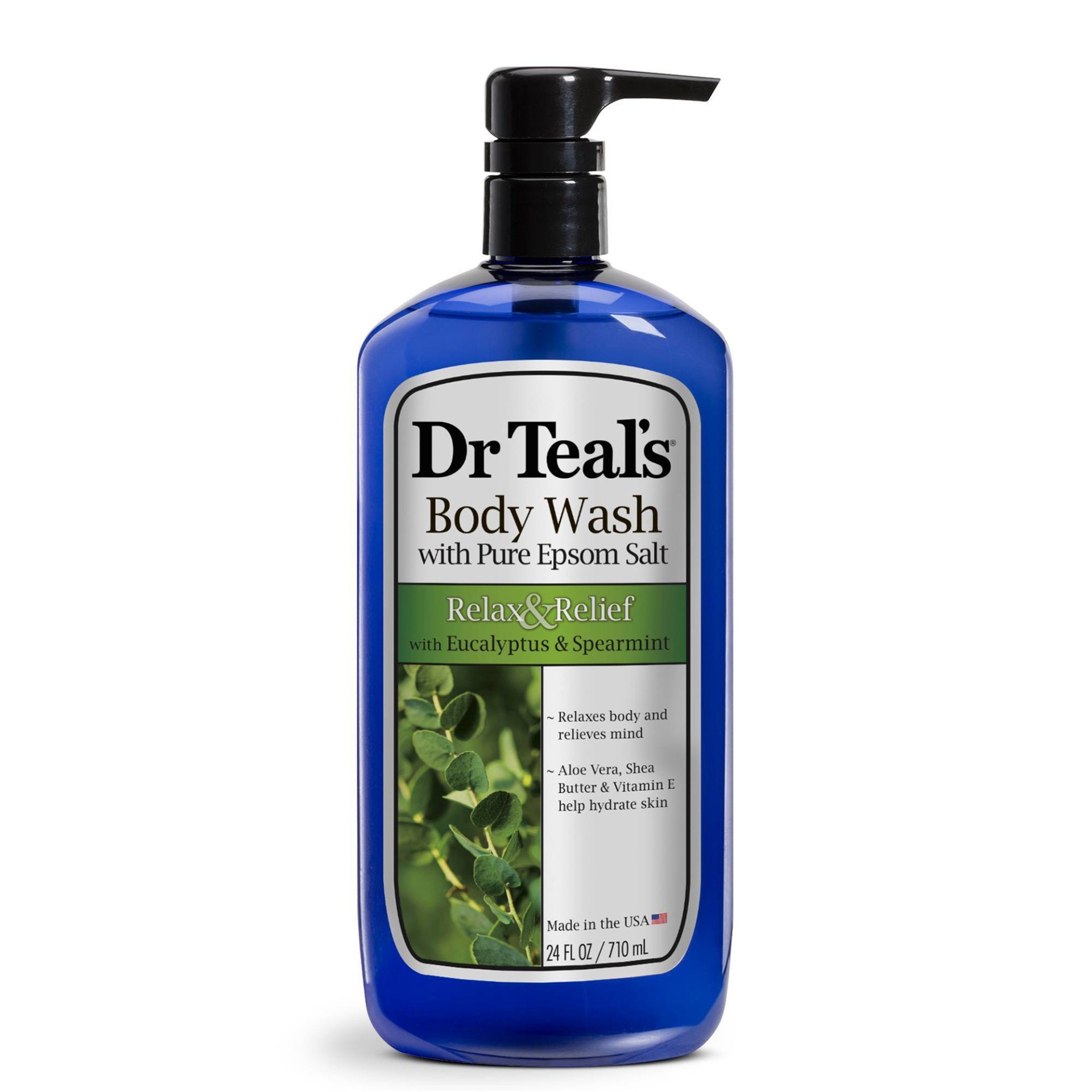 slide 1 of 3, Dr. Teal's Body Wash, with Pure Epsom Salt, Relax & Relief, with Eucalyptus & Spearmint, 24 oz