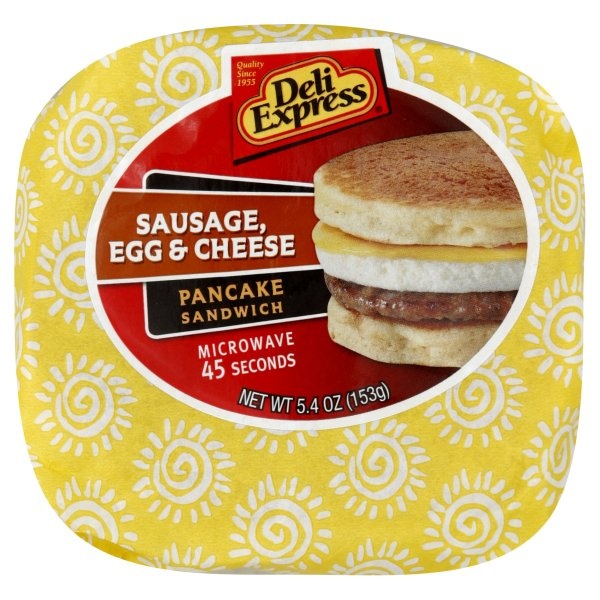 slide 1 of 1, Deli Express Sausage, Egg & Cheese Pancake Sandwich, 5.4 oz