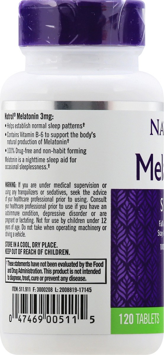 slide 6 of 9, Natrol 3mg Melatonin Sleep Aid Tablets, Fall Asleep Faster, Stay Asleep Longer, 99% Pure Melatonin, Dietary Supplement, 120 Count, 120 ct