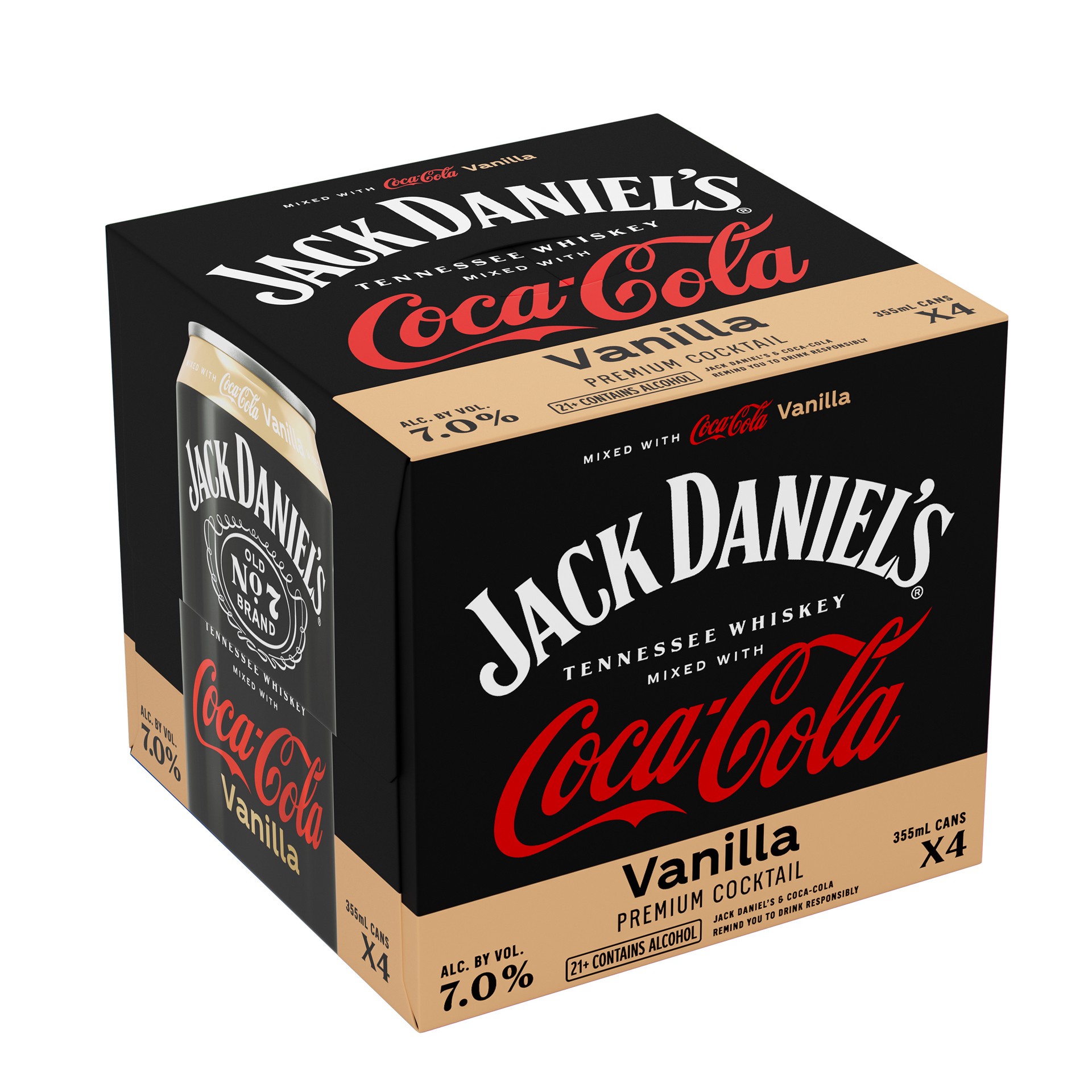 slide 1 of 7, Jack Daniel's Tennessee Whiskey & Coca-Cola Vanilla Ready to Drink Whiskey Cocktail, 4-Pack, 355mL Cans, 1420 mL